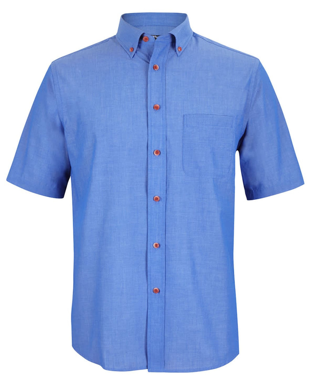 A short-sleeved indigo chambray button-up shirt with a pocket and brown buttons. It has a logo on the label.