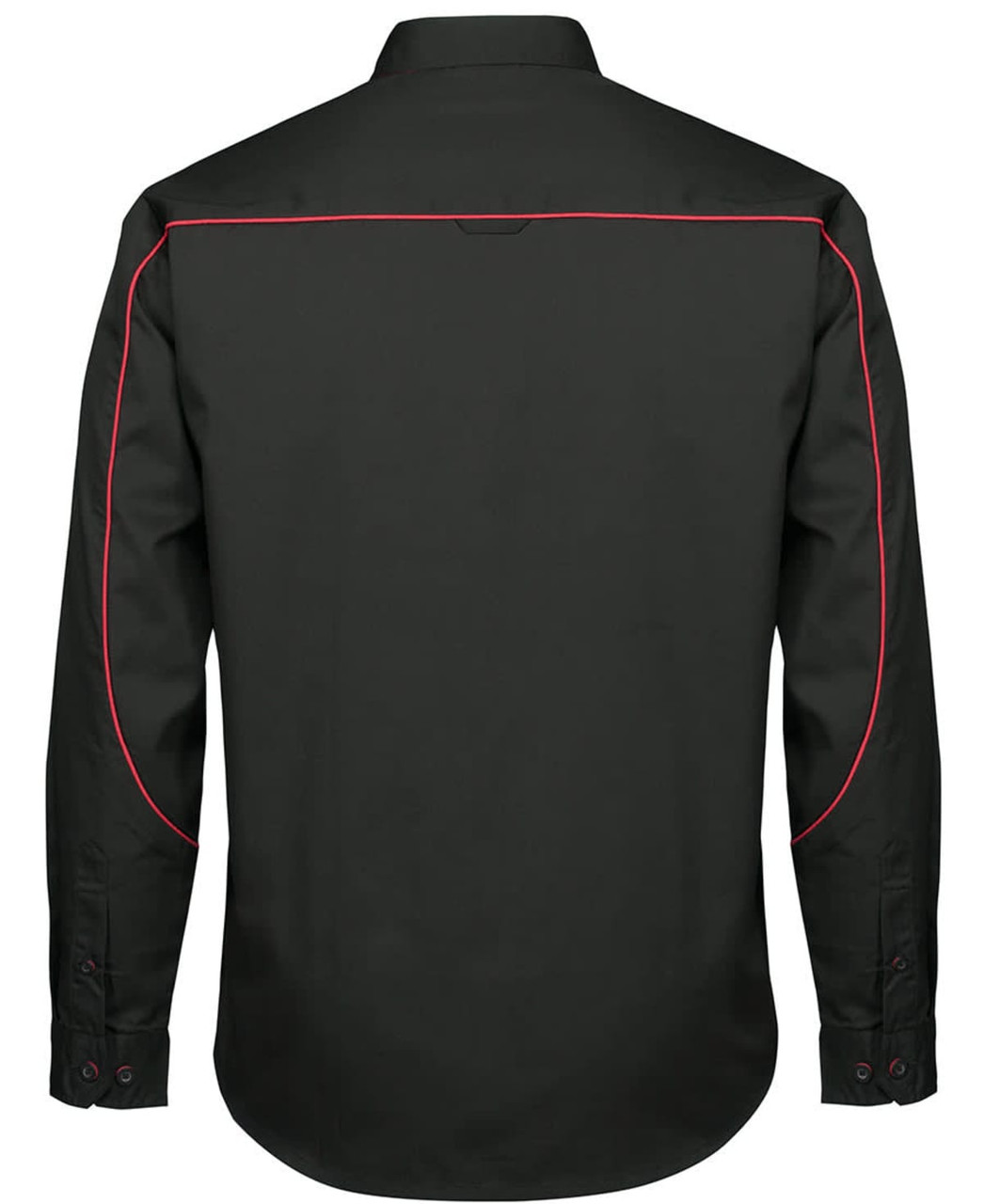 A black long-sleeve button-up shirt featuring red piping along the seams and a simple collar design.