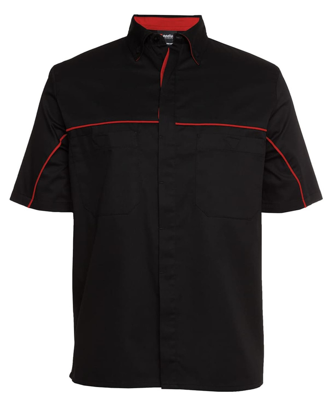 A black and charcoal button-up shirt with red piping and two front pockets, featuring a logo.