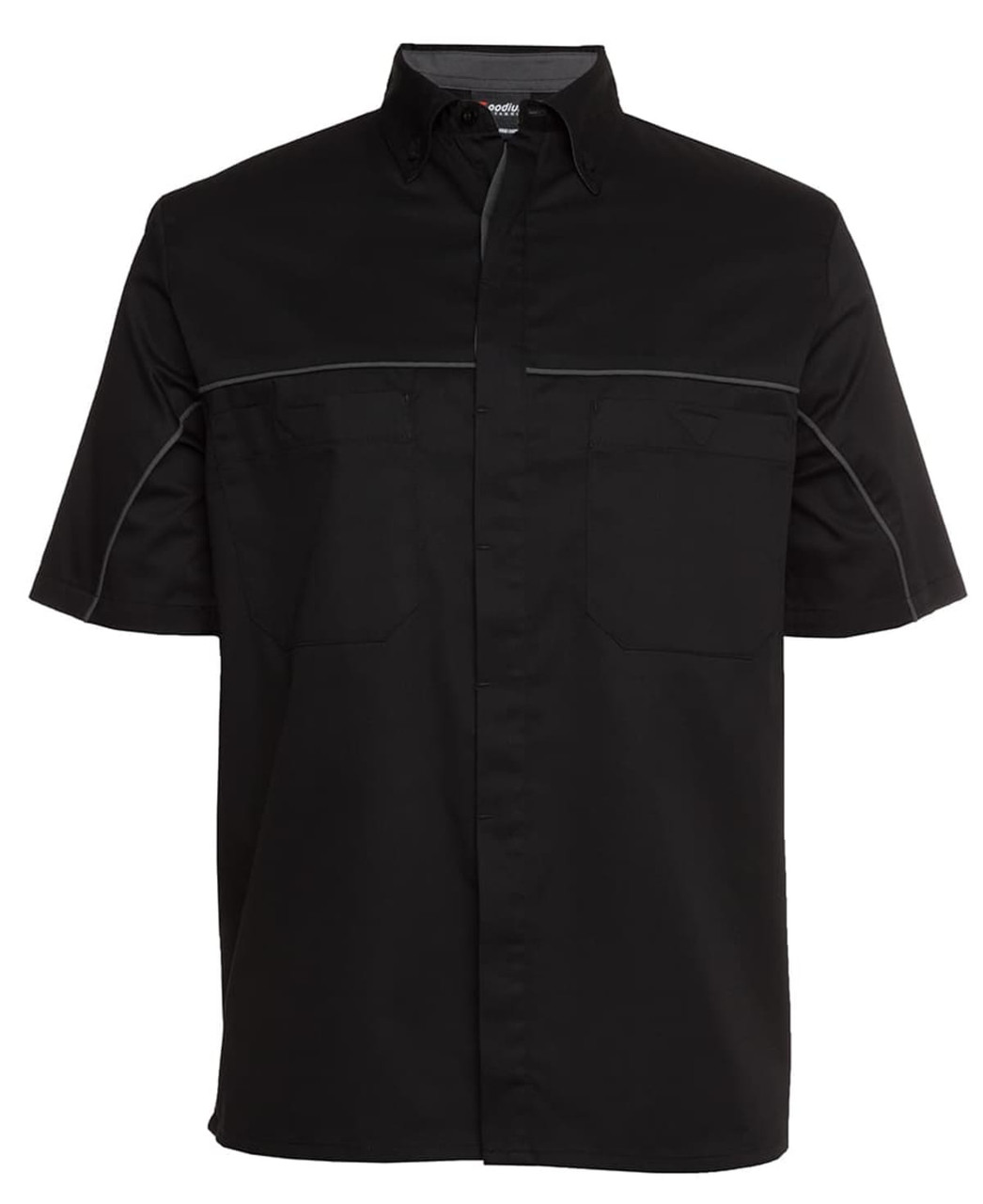 A black and charcoal button-up shirt featuring two front pockets and contrast stitching, with a logo on the collar.