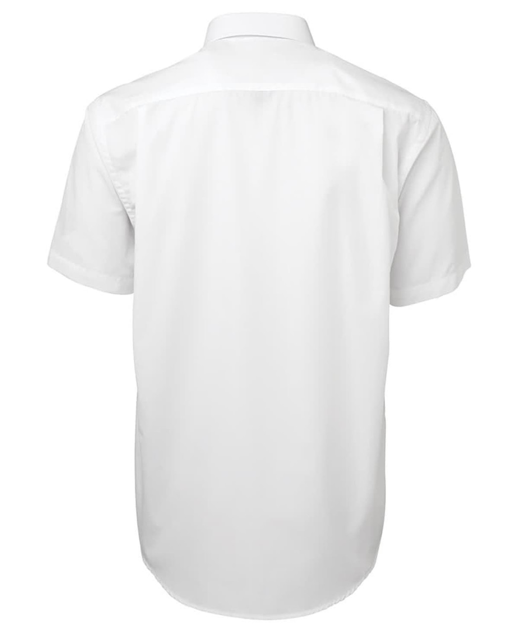 A plain white button-up shirt featuring a back view and a collar. The shirt has a logo.