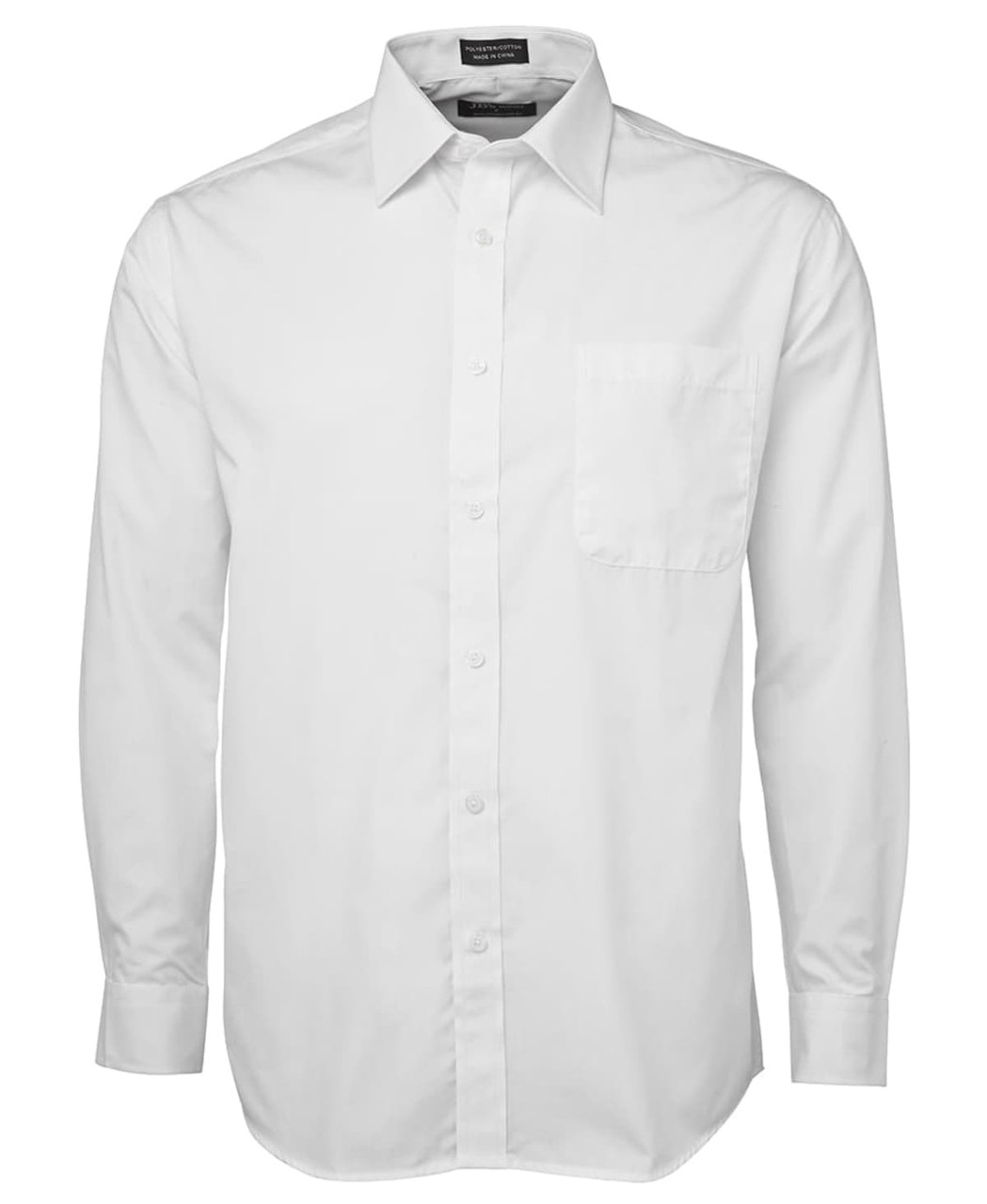 A plain white button-up shirt with long sleeves and a single chest pocket, featuring a branding logo.