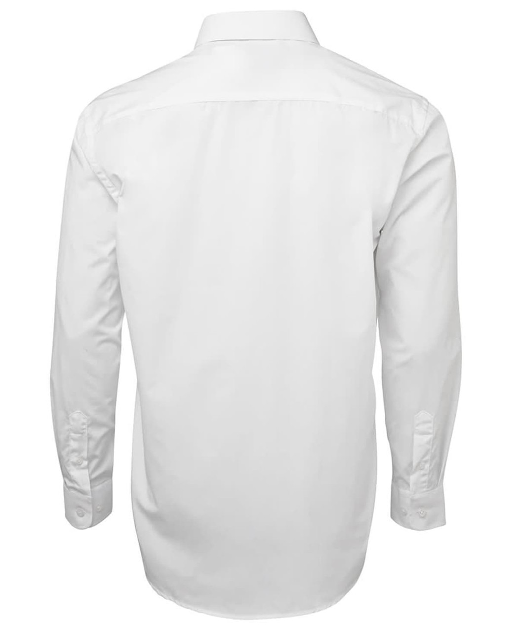 A white button-up shirt with long sleeves and a collar, featuring a logo on the back.