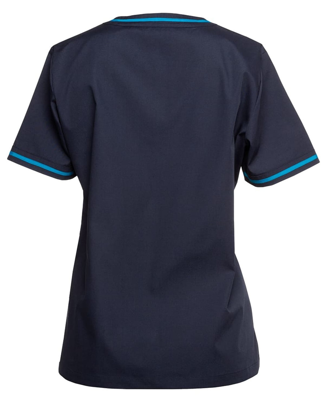A navy scrub top featuring short sleeves and contrasting blue trim, with a logo on the back.