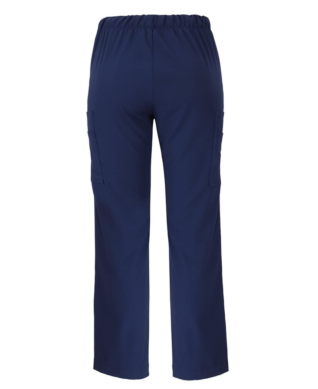 A pair of navy blue cargo pants featuring an elastic waistband and side pockets, with a logo visible.