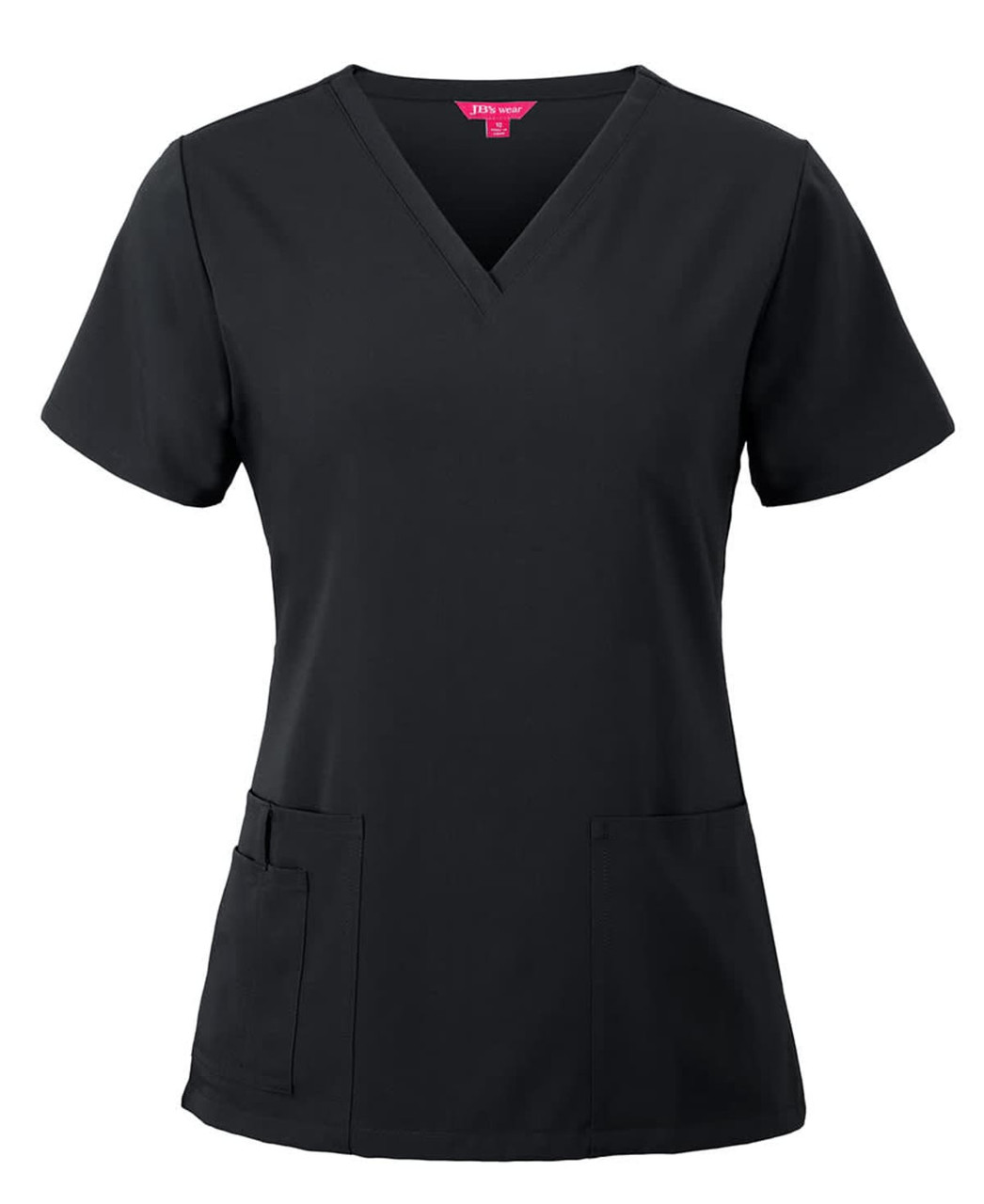 A black ladies scrub top featuring a V-neck design and two front pockets, with a logo present.