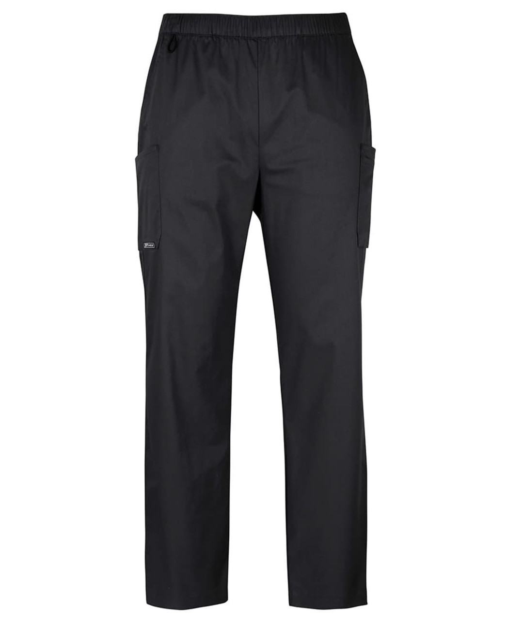 Unisex black cargo pants with an elastic waistband and side pockets, featuring a branding logo.