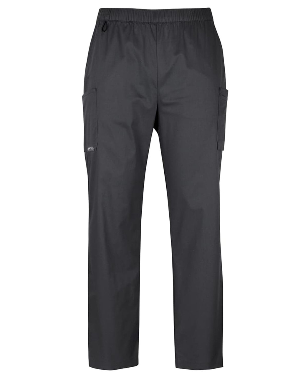 Unisex premium scrub cargo pants in dark grey with side pockets and an elastic waistband. Features branding logo.