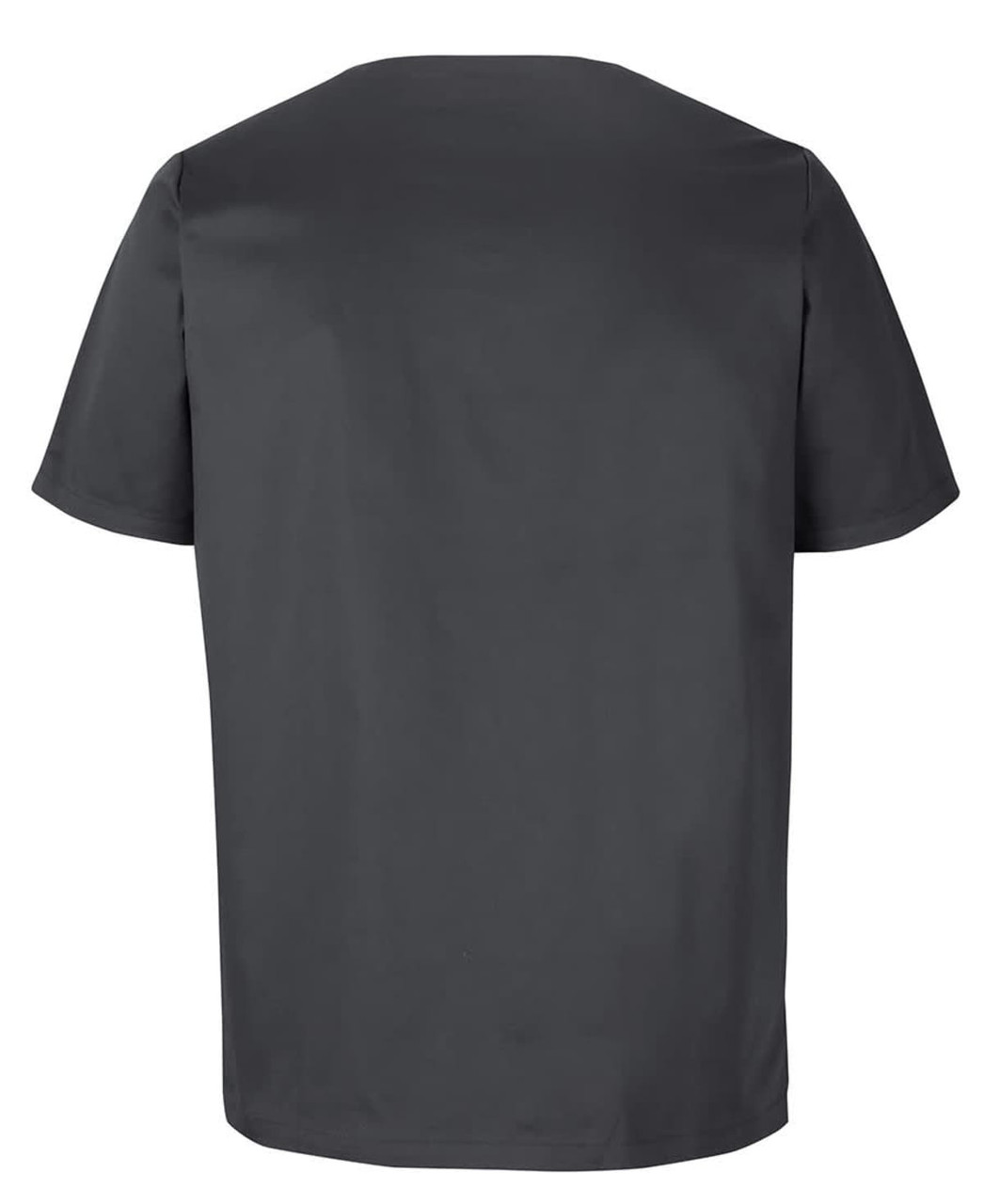 A unisex premium scrub top in dark grey, featuring a simple design with a branding logo.