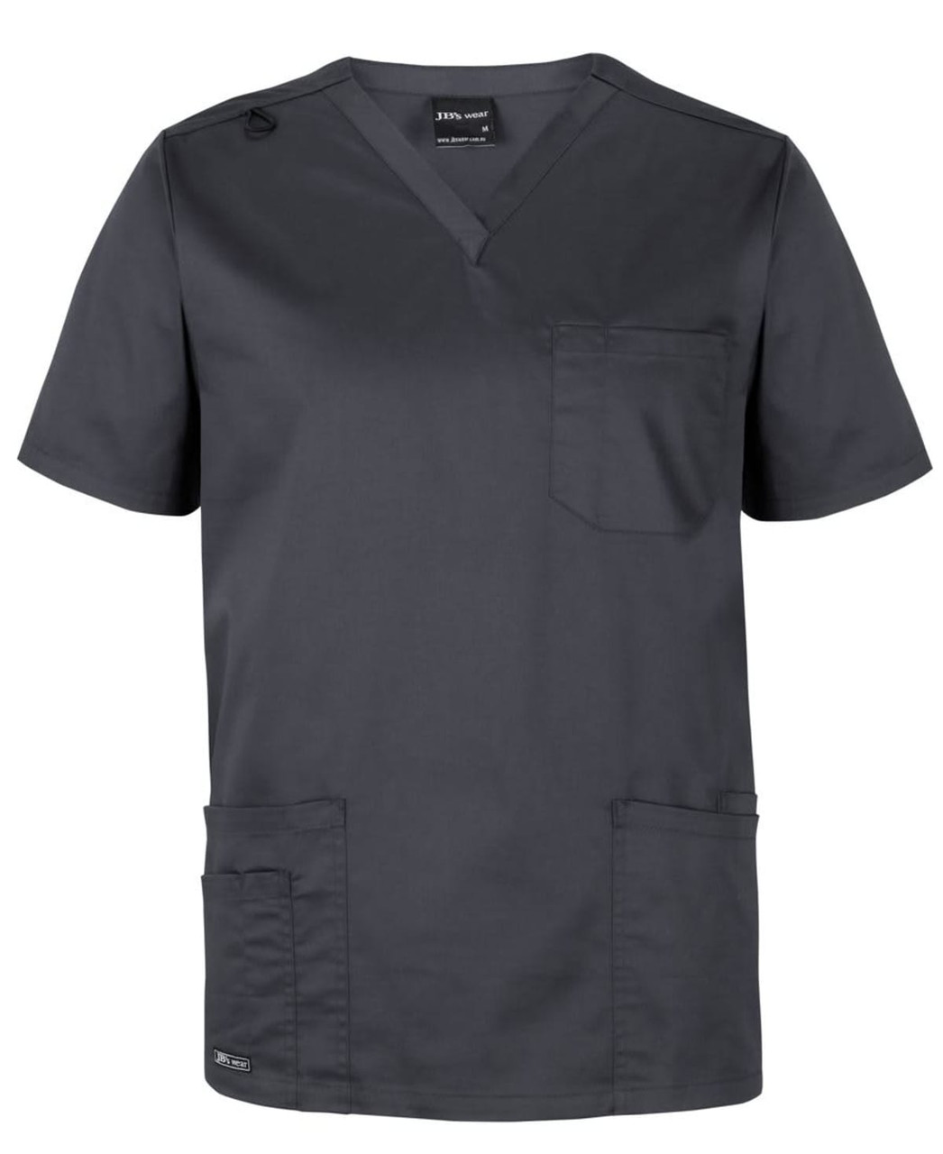 A dark grey unisex scrub top featuring a v-neck, short sleeves, and multiple pockets. It has a branding logo.