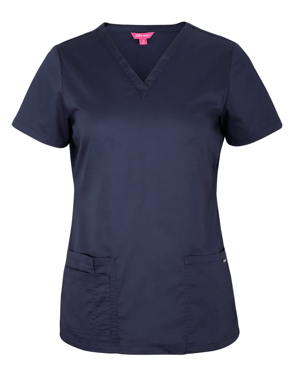 A navy blue scrub top featuring a V-neck design with two front pockets and a logo.