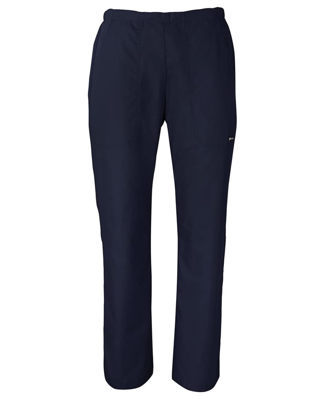 Navy blue ladies scrubs pants with an elastic waistband and pockets, featuring a logo on the side.