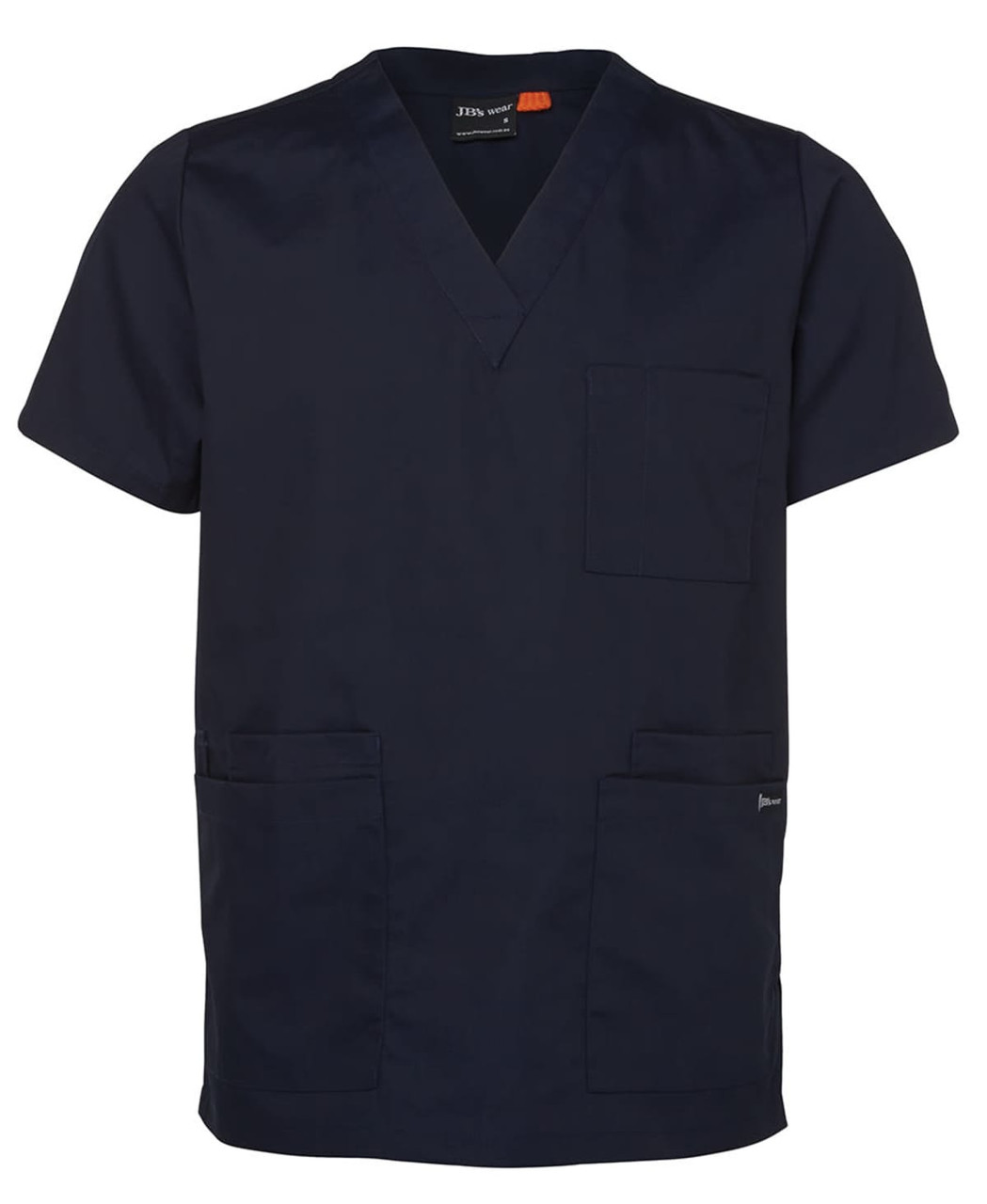 A navy blue unisex scrubs top with short sleeves, featuring a pocket on the chest and two front pockets.