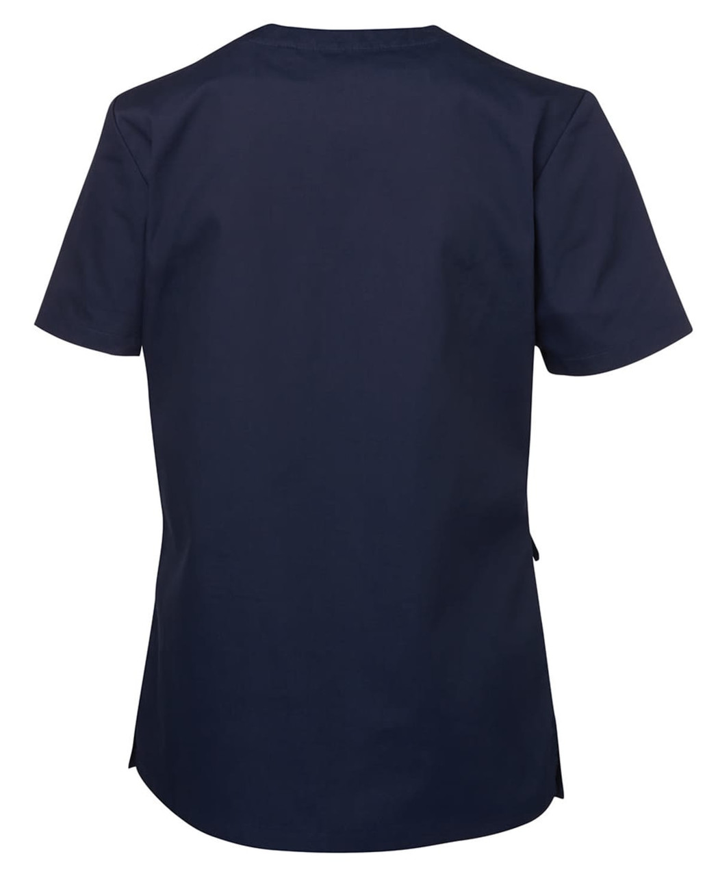 A navy blue ladies' scrubs top featuring short sleeves and a relaxed fit. Includes a logo on the back.
