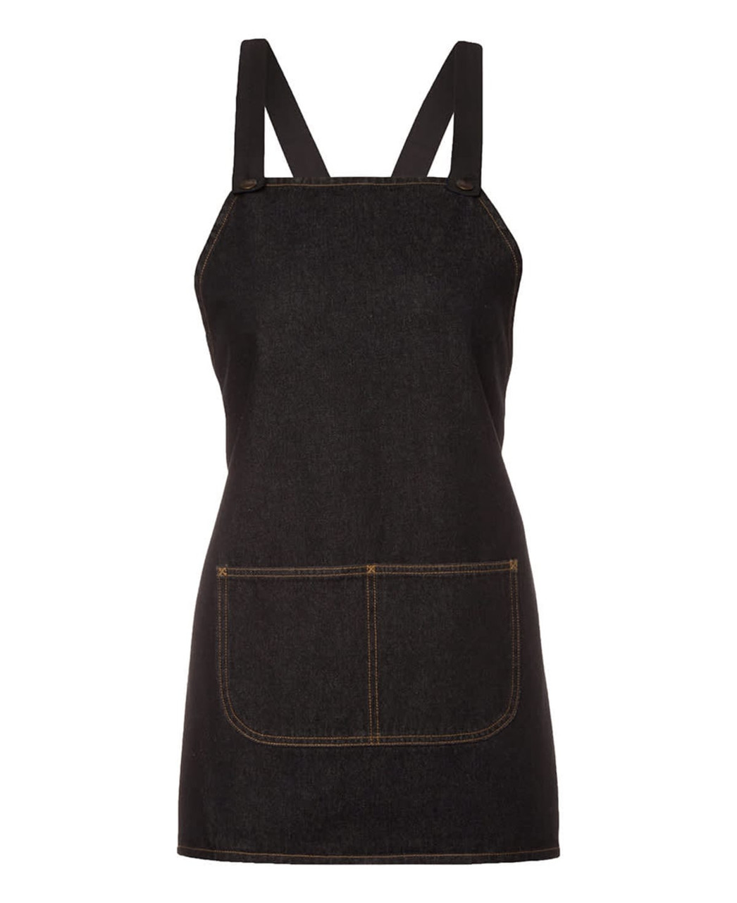 A black denim bib apron featuring a cross-back design and a front pocket. Includes a logo on the fabric.