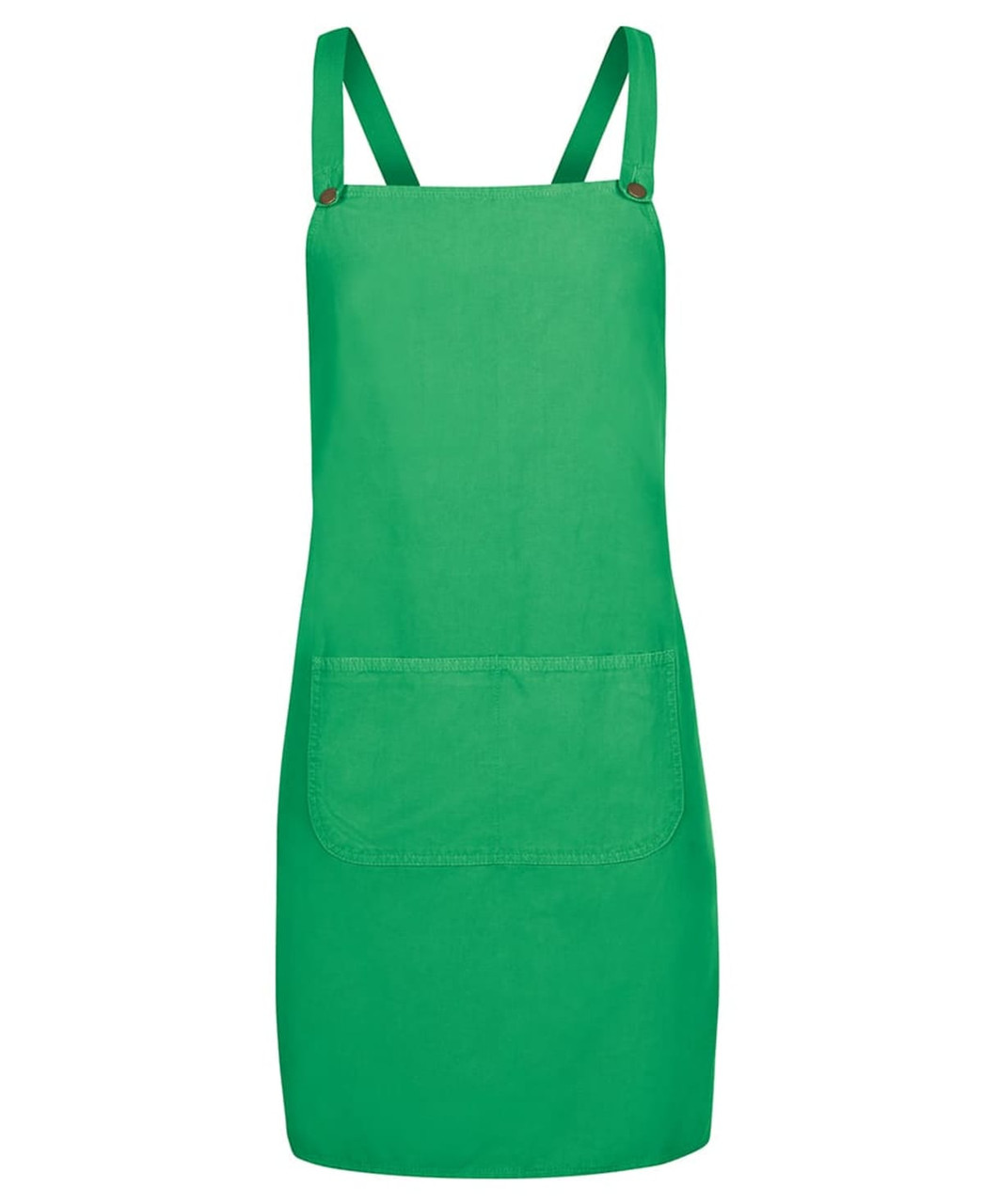 A green cross back canvas apron featuring a front pocket and adjustable straps. It has a simple logo on it.