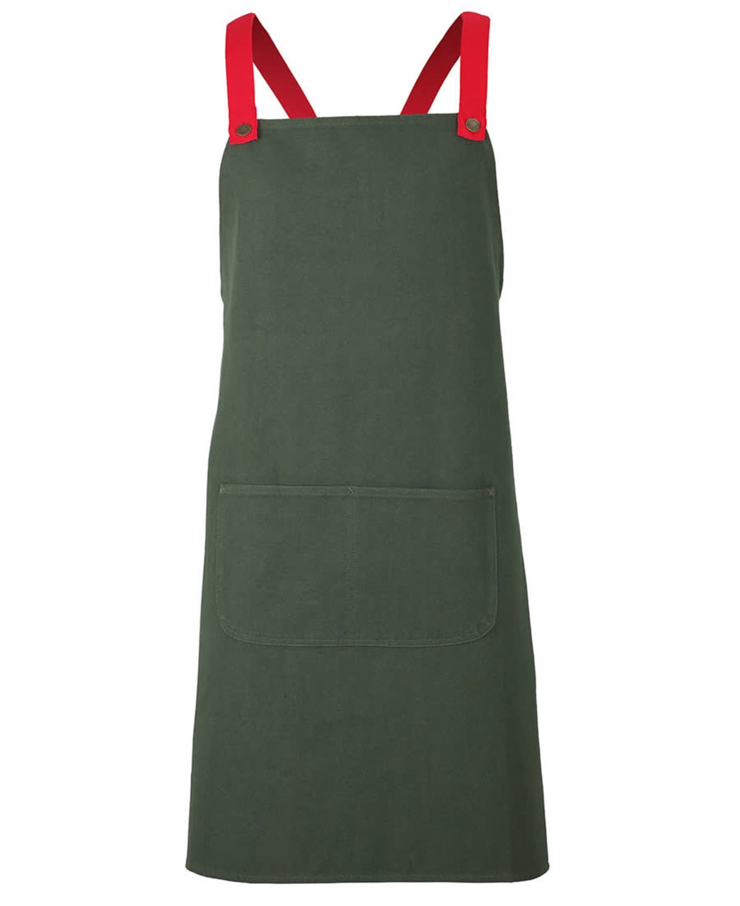 A green canvas apron with red cross-back straps and a front pocket. It features a logo on the design.