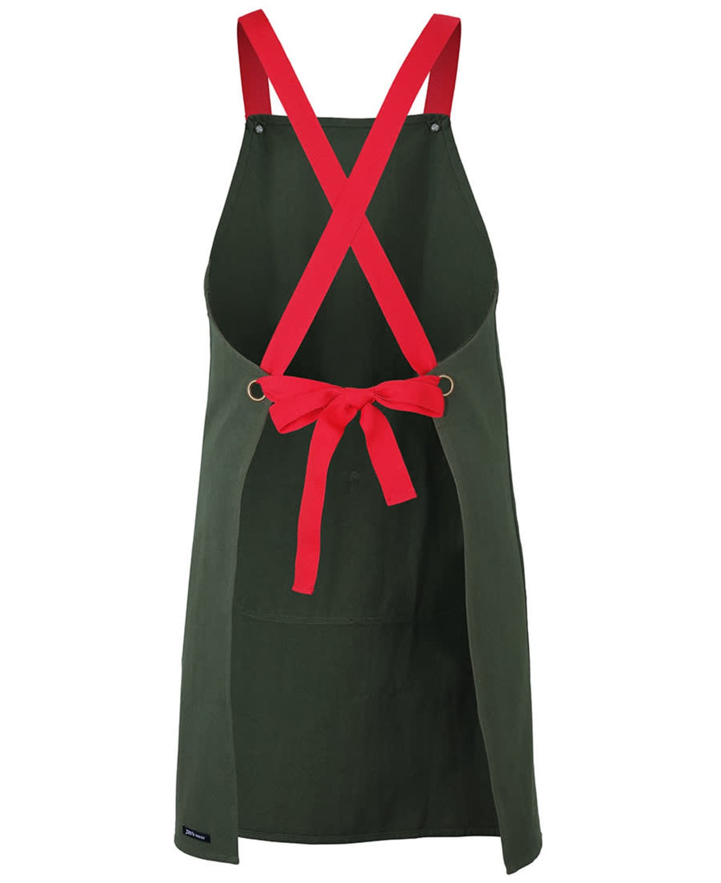 A green canvas apron with red cross-back straps and a tied bow at the waist. It features a logo.
