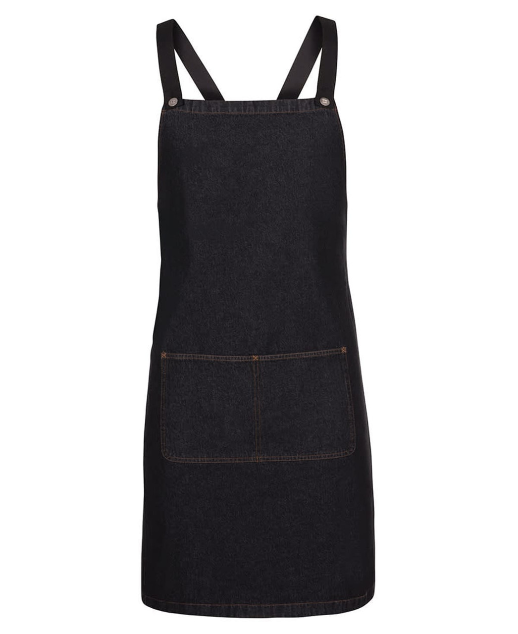 A black denim cross back apron featuring a front pocket and adjustable straps. It has a simple logo detail.