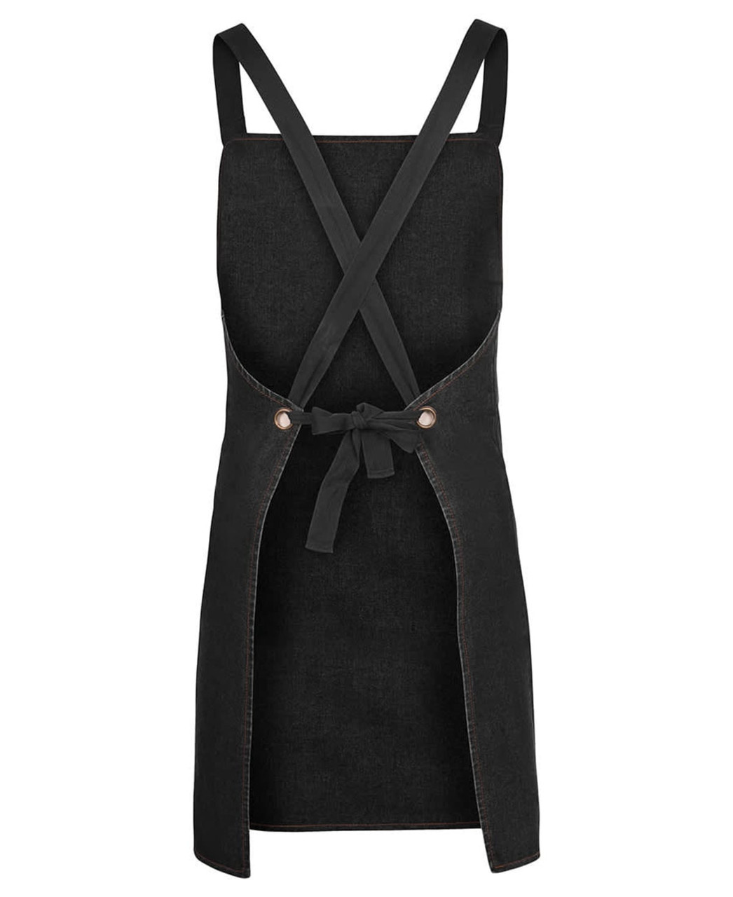A black denim apron with cross back straps and a tie waist, featuring a logo.