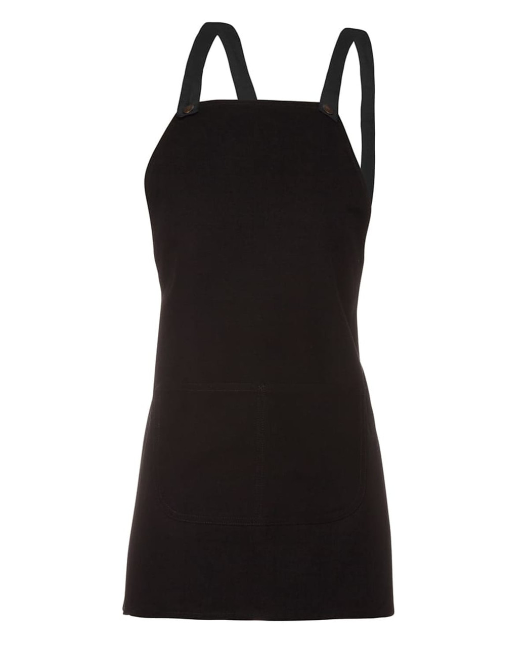 A black canvas bib apron with cross back straps and a front pocket. It features a branding logo.
