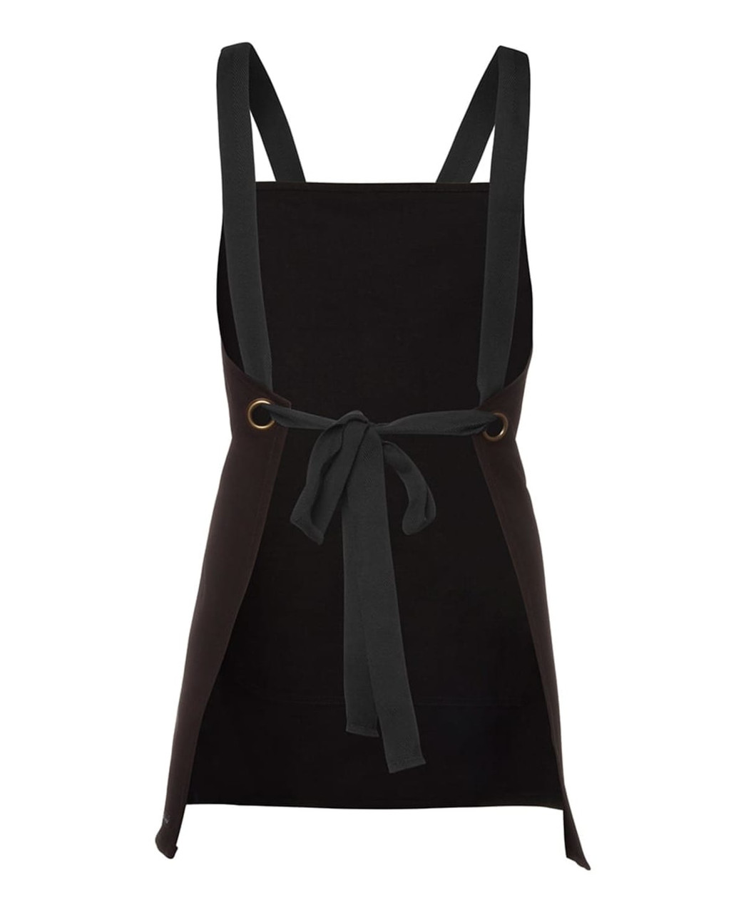 A black bib canvas apron with a cross back design and a tied waist, featuring a logo.