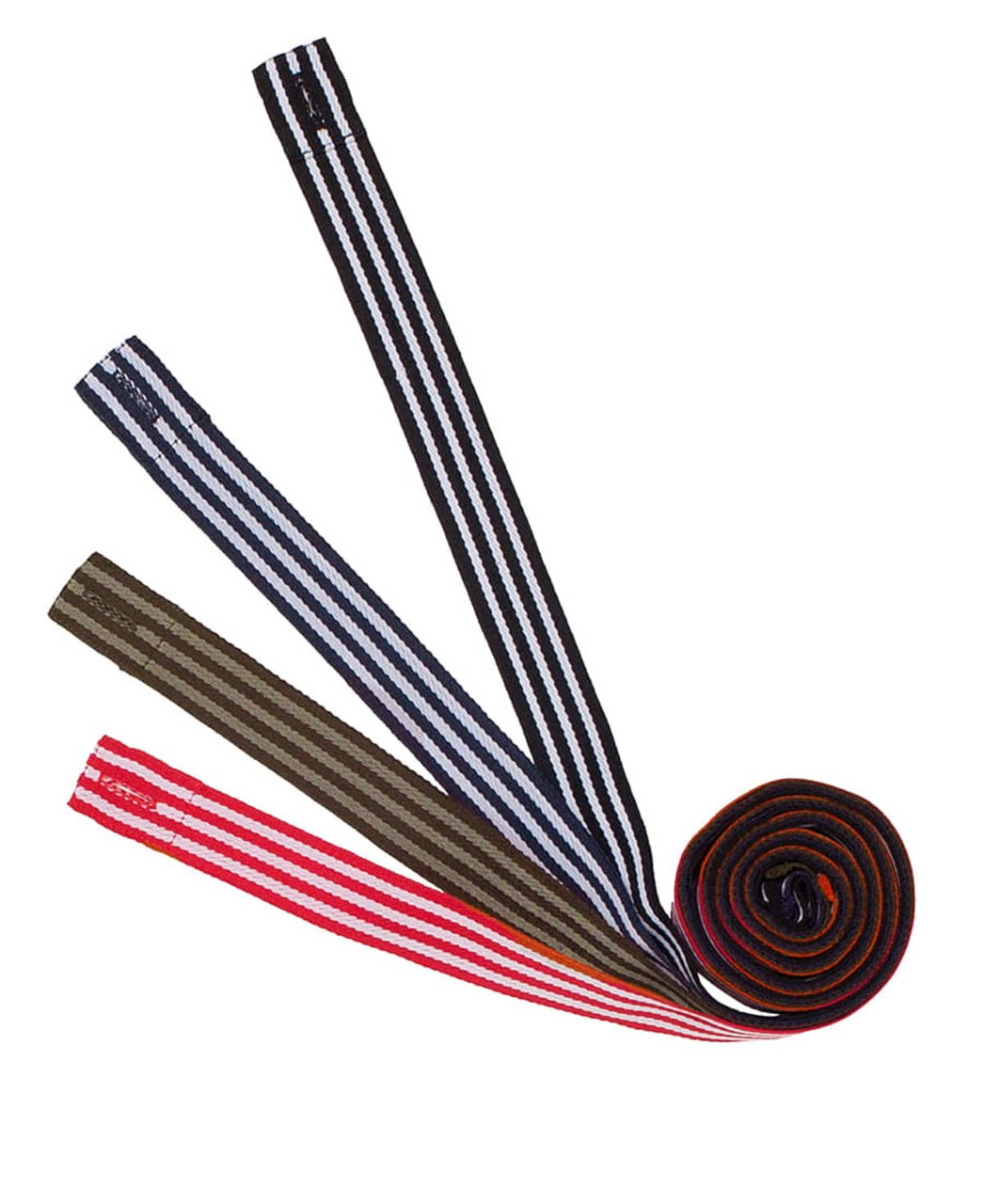 A set of cross back apron straps in colours including black, brown, red, and orange, featuring striped patterns.