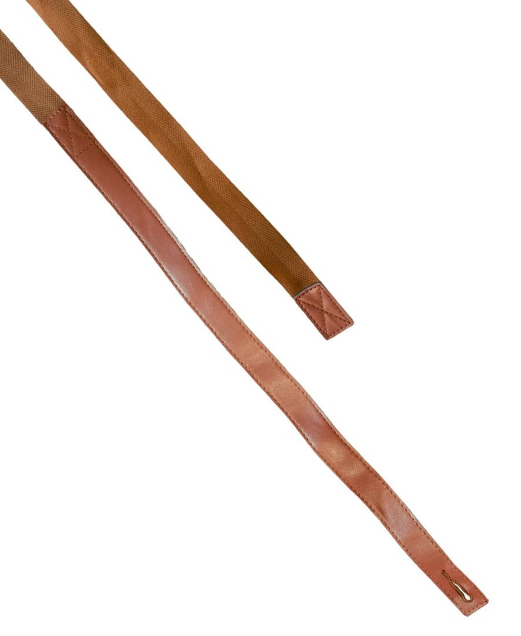 Two apron straps in brown and tan, featuring a textured surface and a metal attachment for secure fastening.