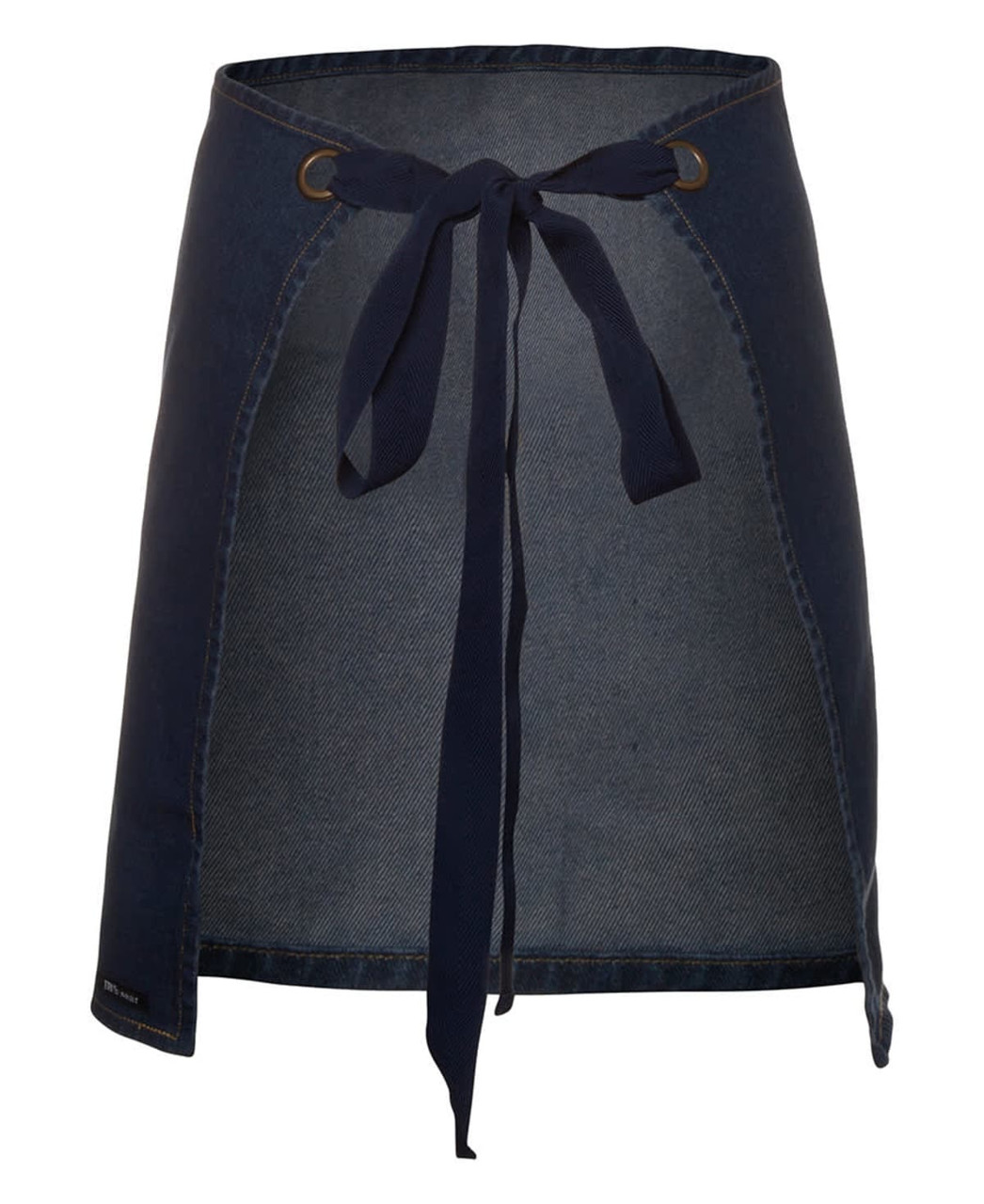 A denim waist apron in dark blue featuring a tie strap and an incorporated logo.