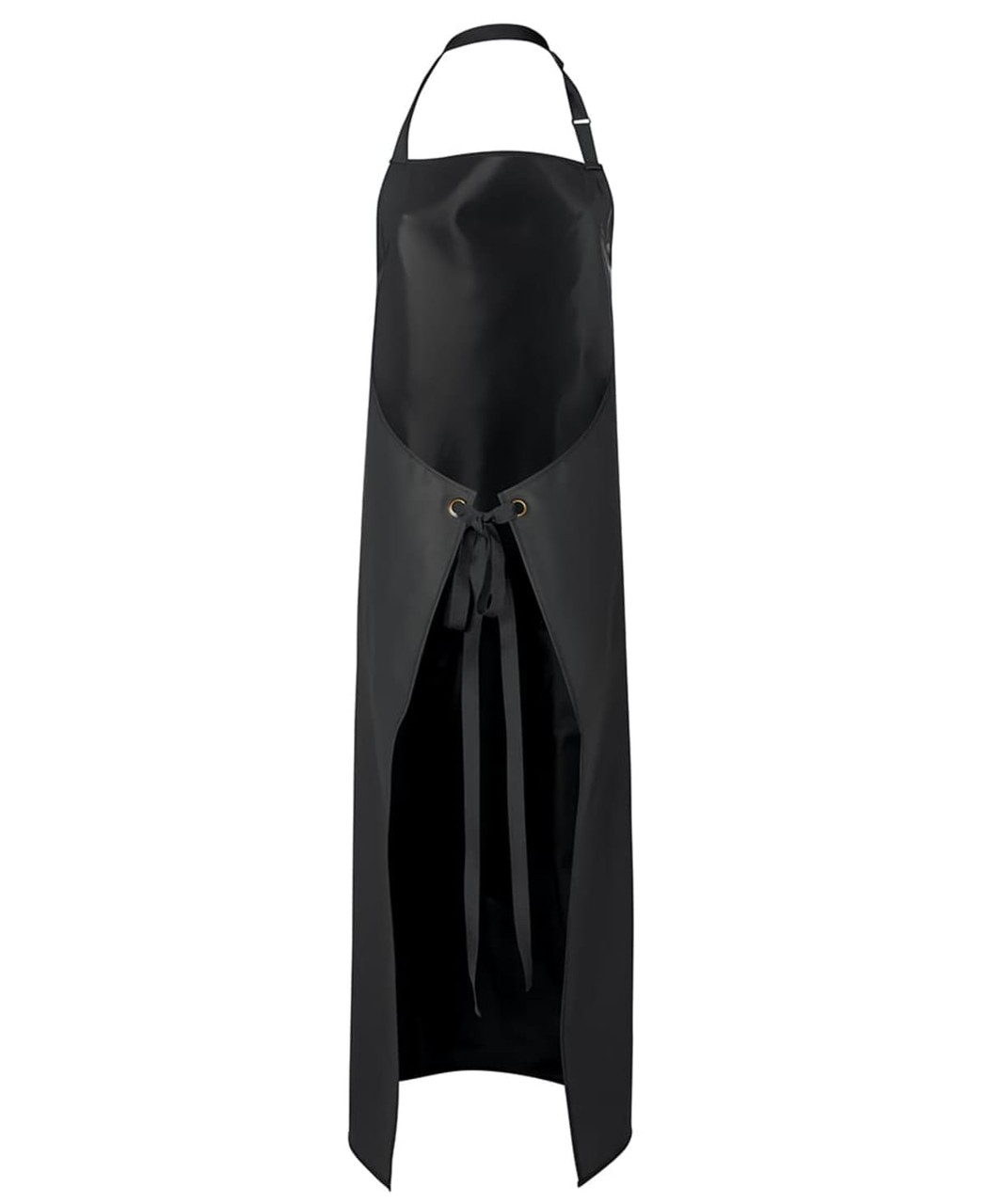 A black vinyl apron featuring an adjustable neck strap and waist ties, with a sleek, modern design.