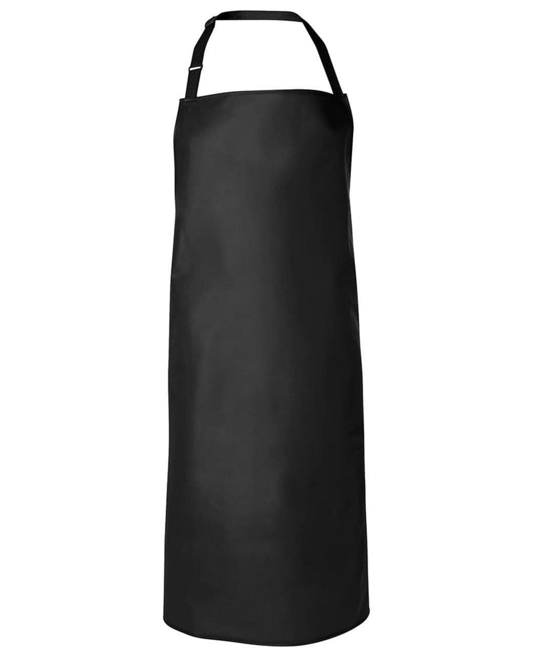 A black vinyl bib apron, 90x60 cm, featuring an adjustable strap and a logo.