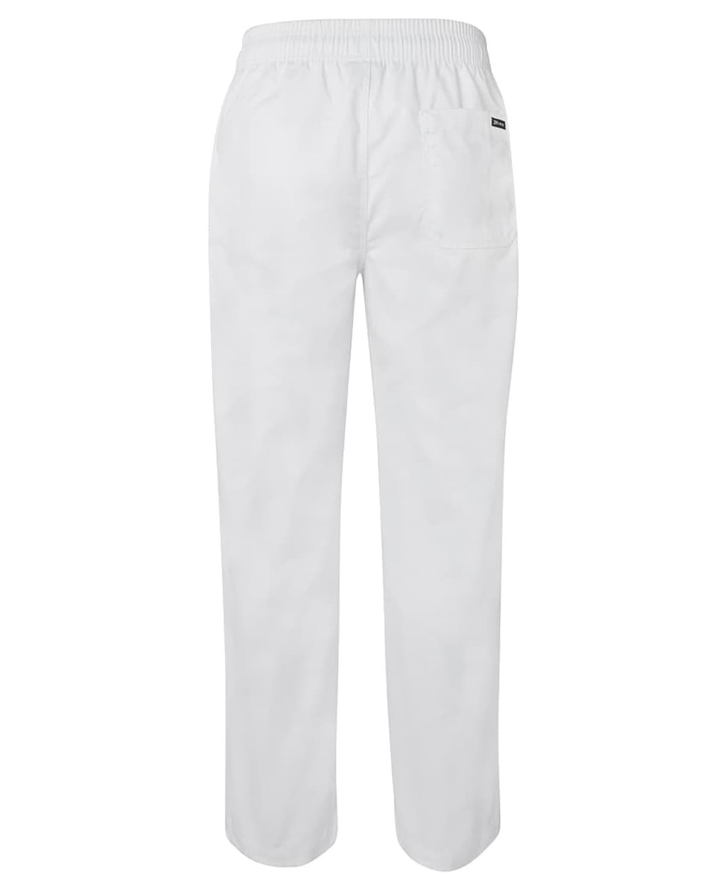 White elasticated pants with a single back pocket and a logo on the waistband.