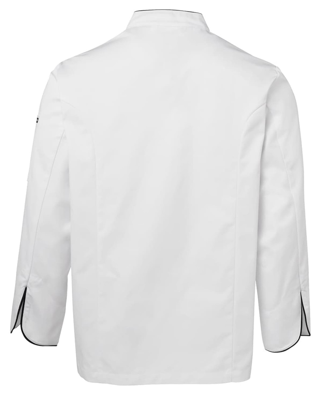 A white chef's jacket with long sleeves, featuring black piping and a logo on the sleeve.