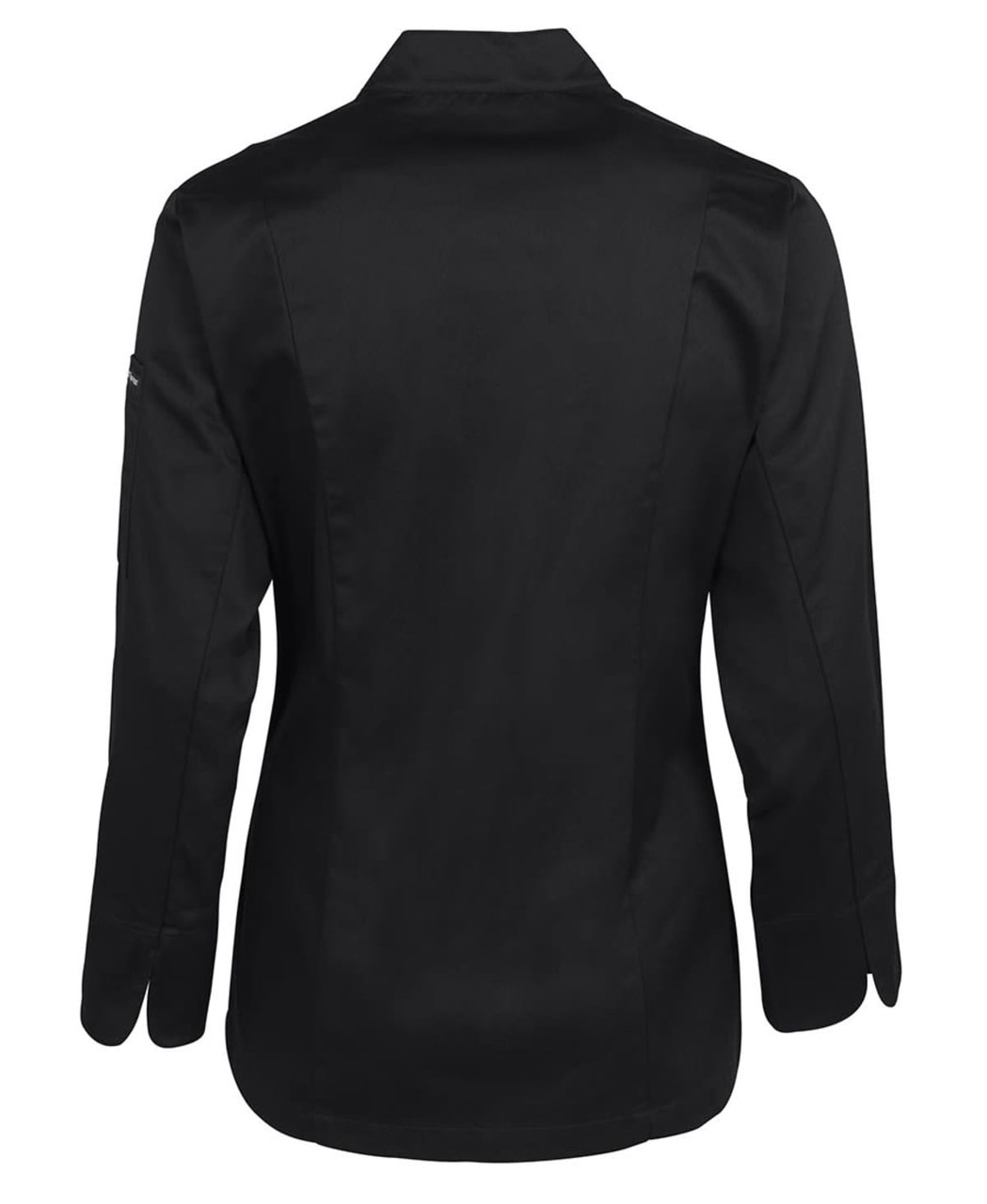 A black ladies' long-sleeve chef's jacket with a sleek design, featuring a collar and a logo on the sleeve.