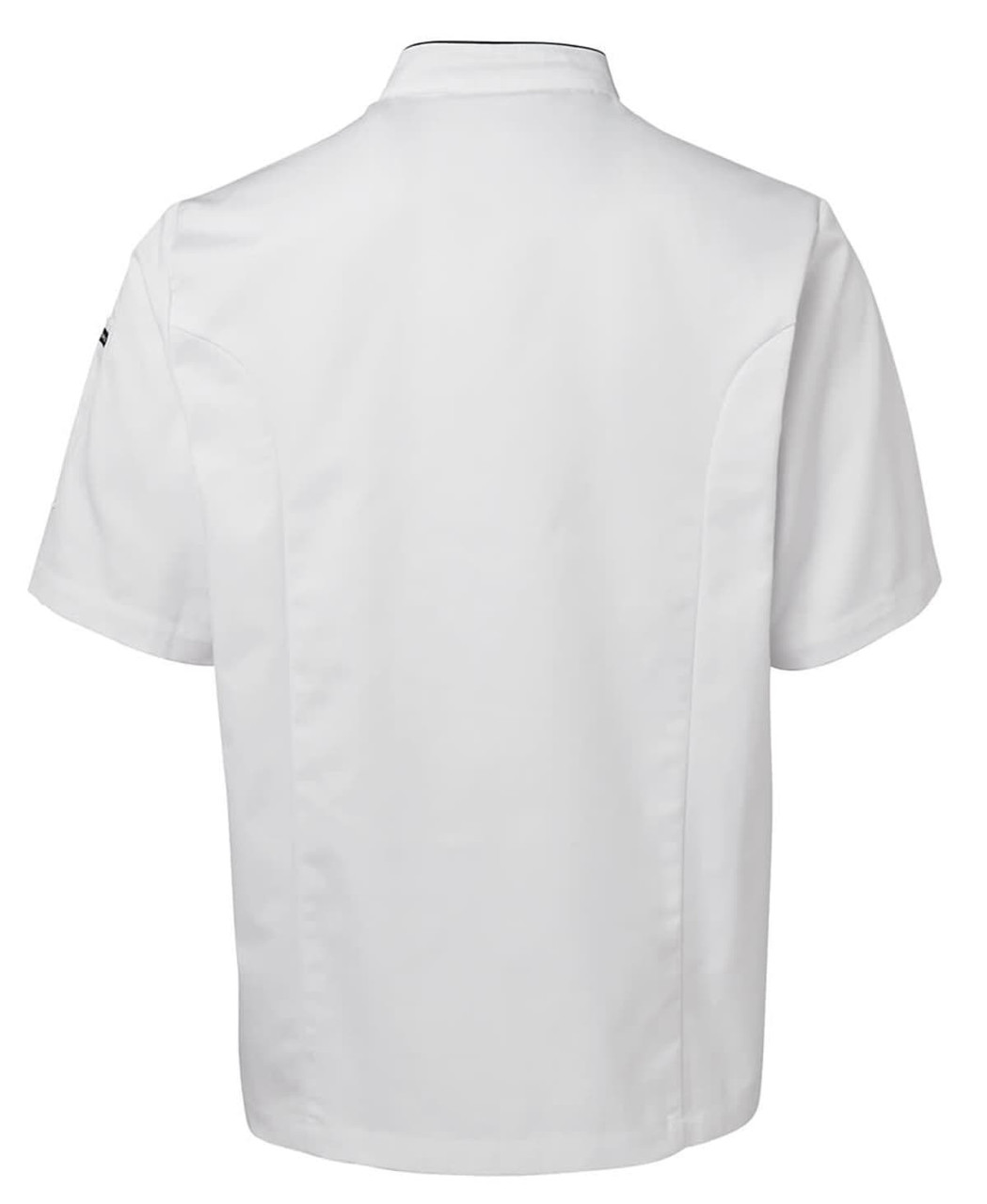 A white short-sleeve chef's jacket featuring a simple, sleek design and a logo on the sleeve.