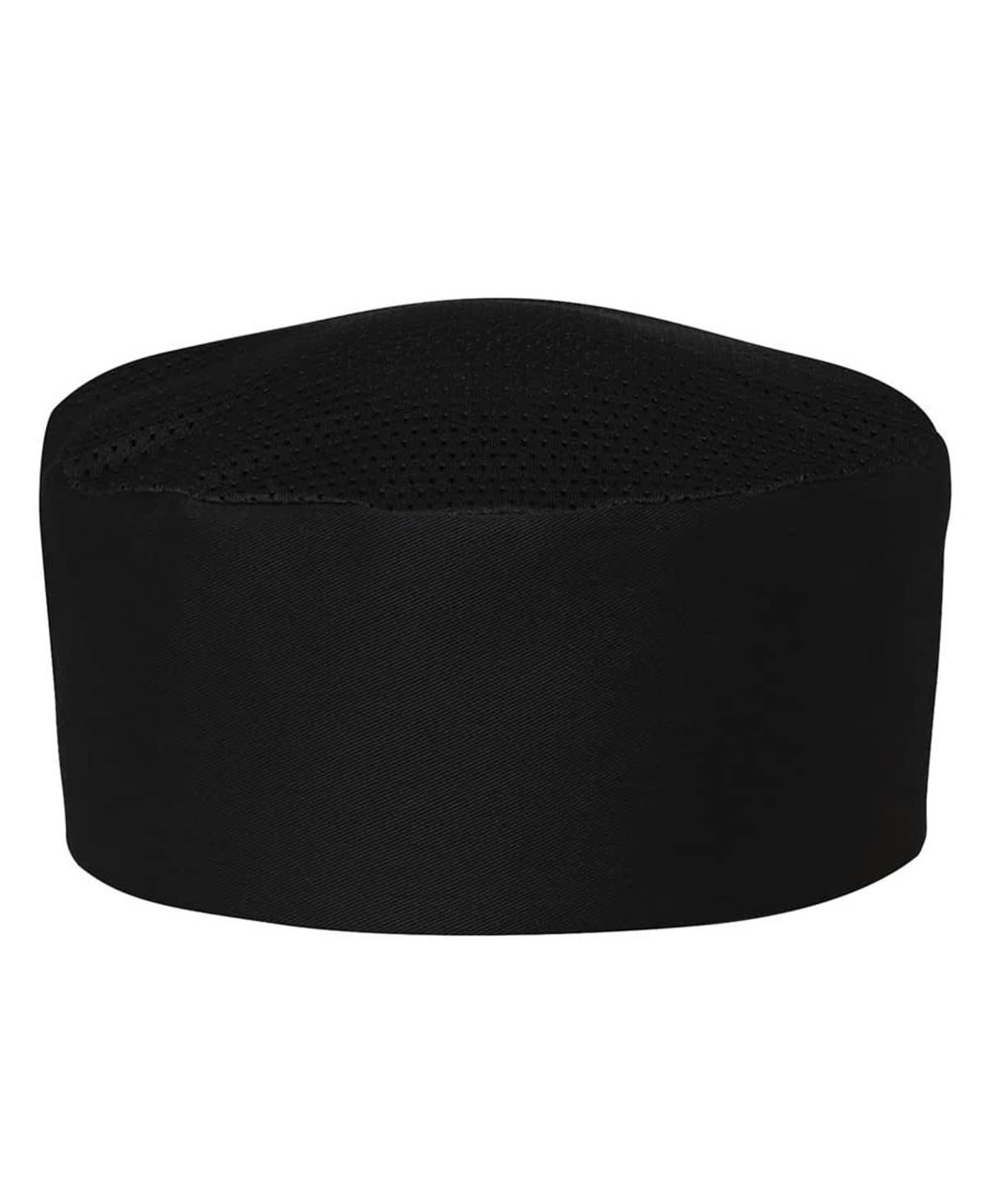 A black chef's vented cap with a mesh top for breathability and a solid band around the base. Features a logo.