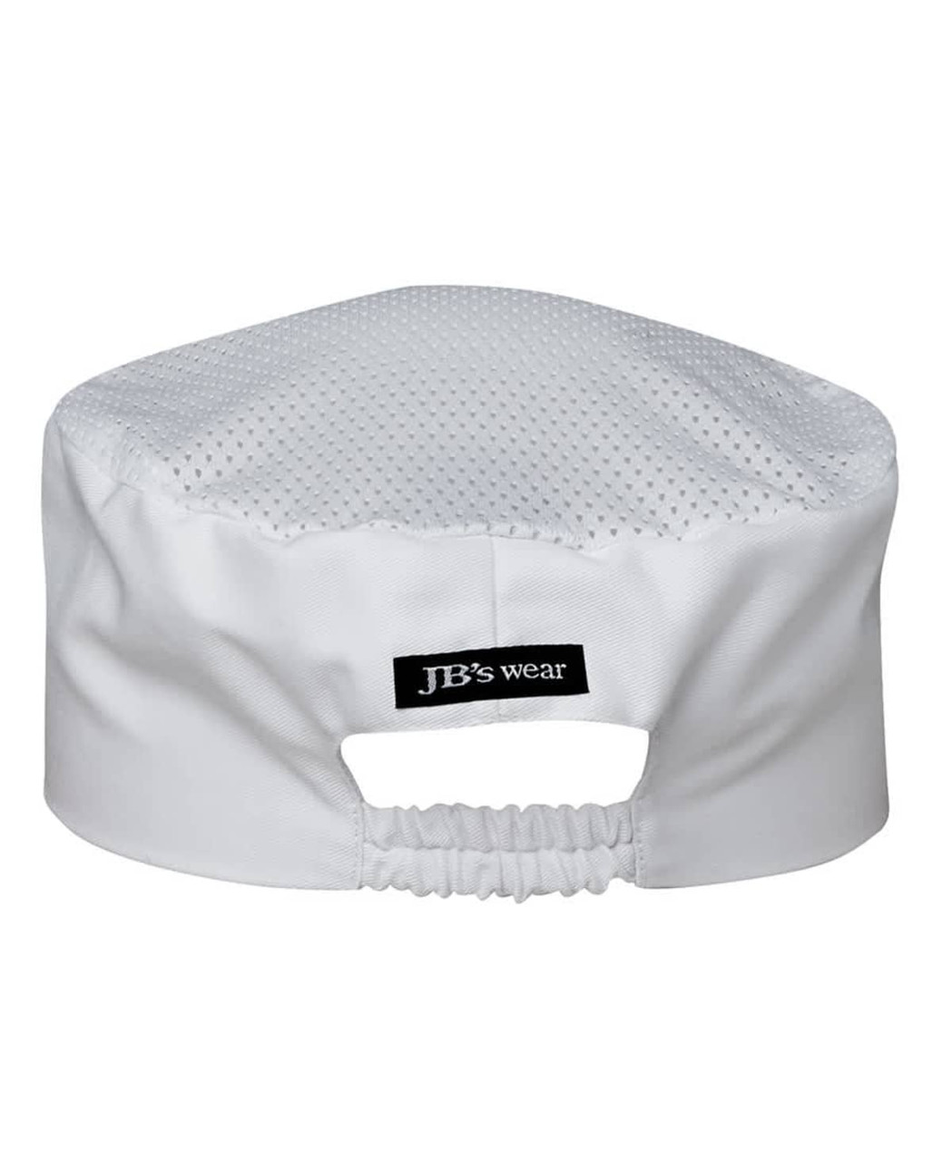 A white chef's vented cap with a mesh back and an elastic adjustment. Features a branded label.