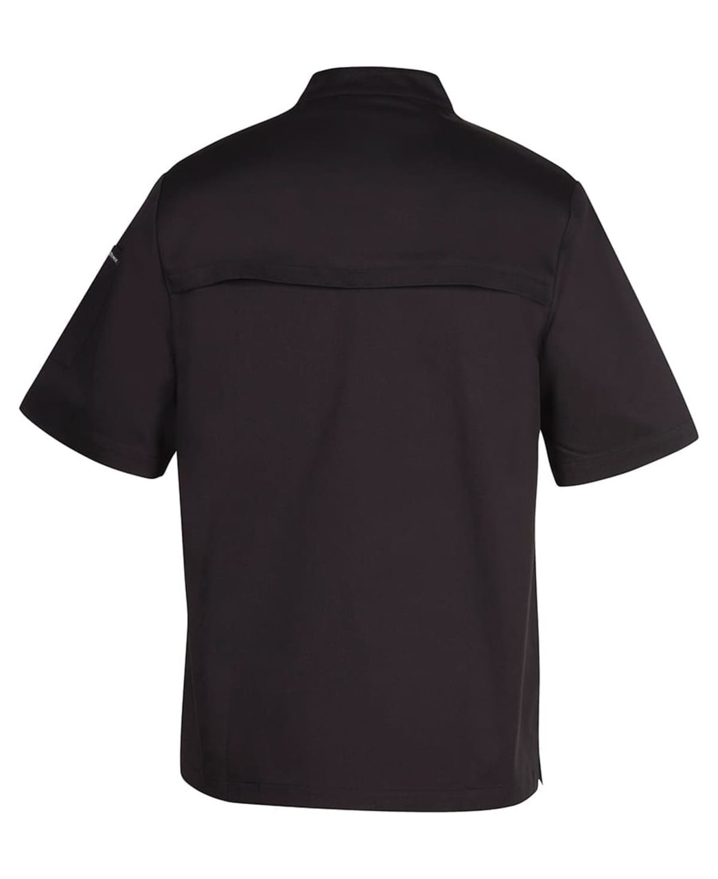 A black vented chef's jacket with short sleeves and a back yoke design. It features a logo on one sleeve.