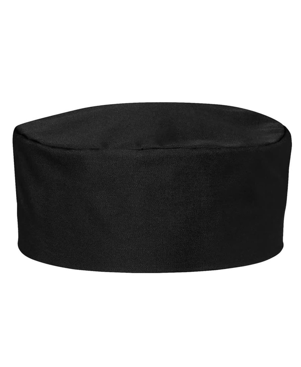 A black chef's cap made from fabric, featuring a rounded design and a simple style. It includes branding.