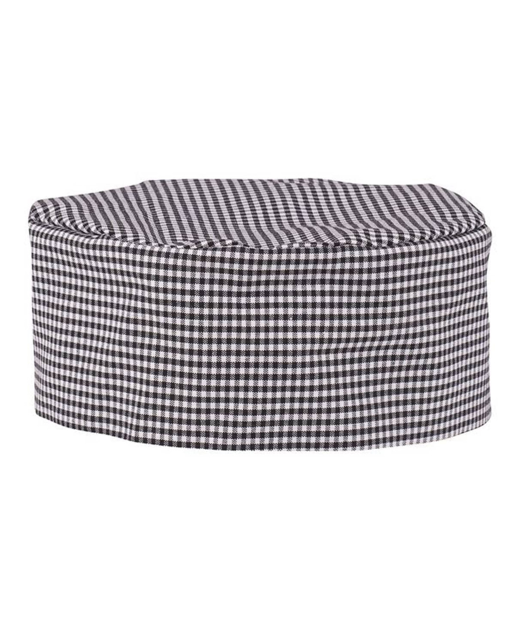 A black and white checked chef's cap with a rounded top. It features a simple design and has a logo.