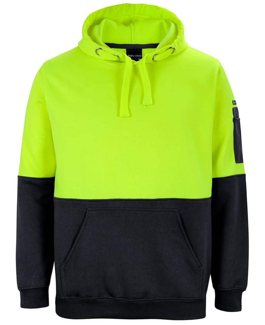 A high-visibility hoodie in bright yellow and black, featuring a front pocket and a branding logo.