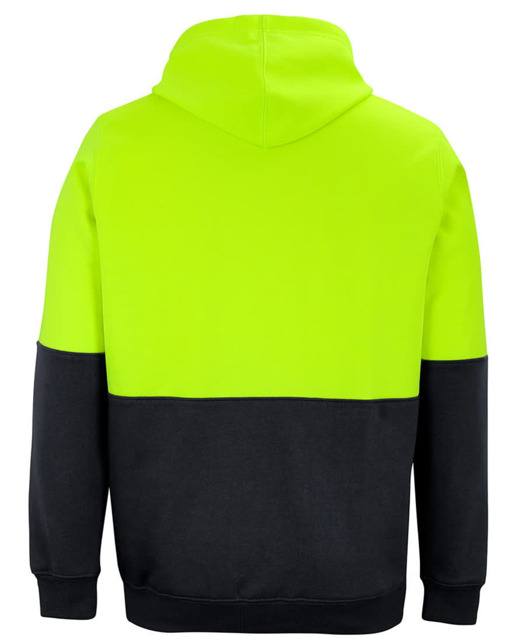 A bright hi-vis yellow and black hoodie with a hood, featuring a panelled design and a logo on the back.