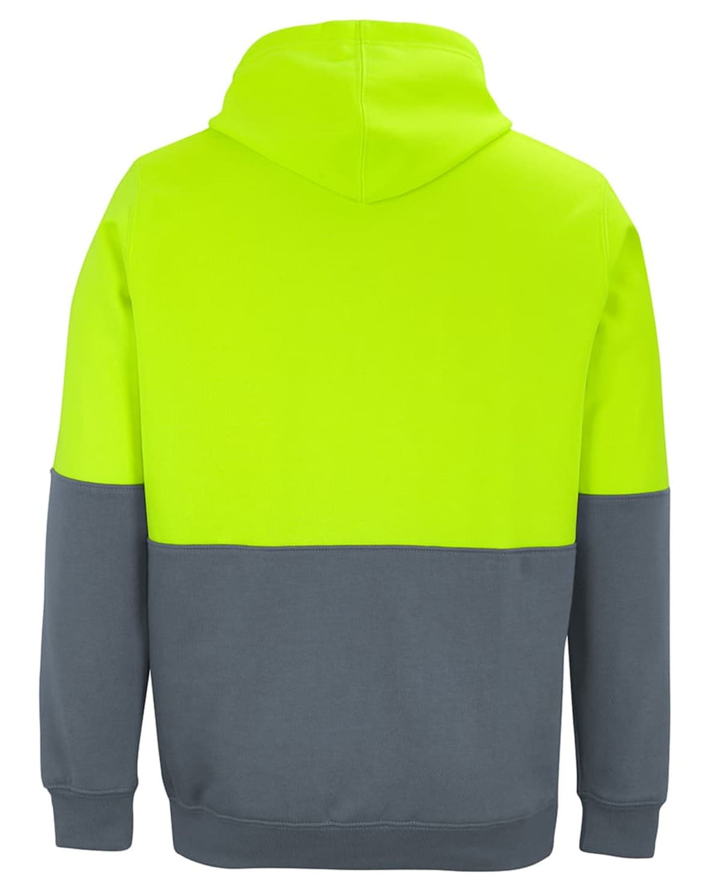 A high-visibility pullover hoodie in fluorescent yellow and grey, featuring a hood and a plain design with a logo.
