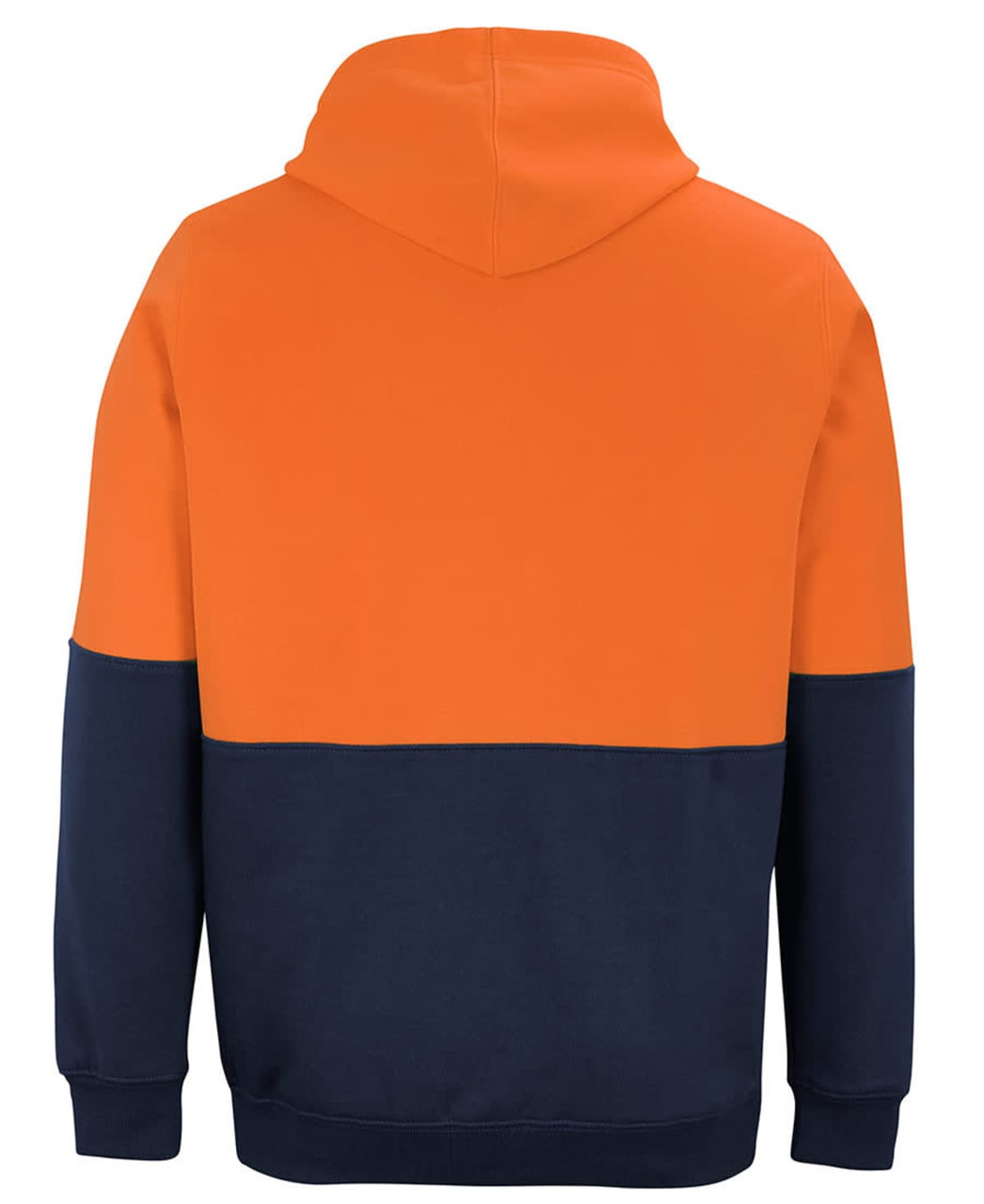An orange and navy blue hoodie with a hood, featuring a colour-block design and a logo on the front.