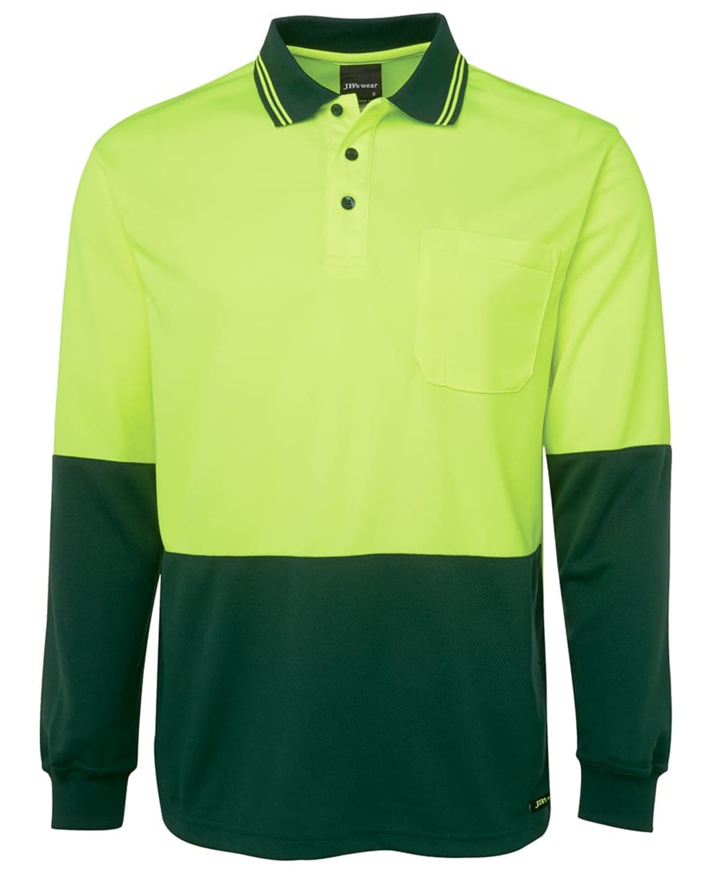 A long-sleeve polo shirt in high vis yellow and dark green, featuring a pocket and a branding logo.