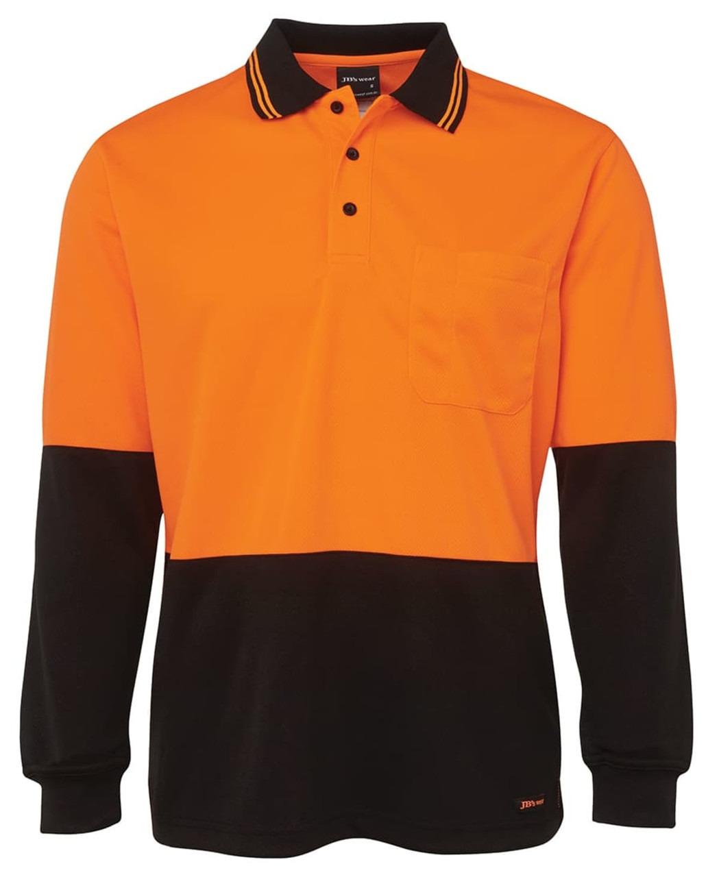 An orange and black long-sleeve polo shirt with a collar and pocket, featuring a logo.
