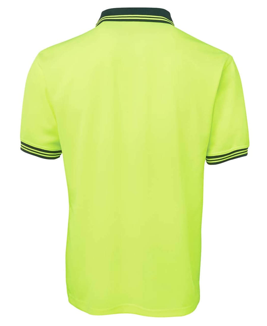 A neon yellow polo shirt featuring a collar with contrasting trim and a logo on the back.