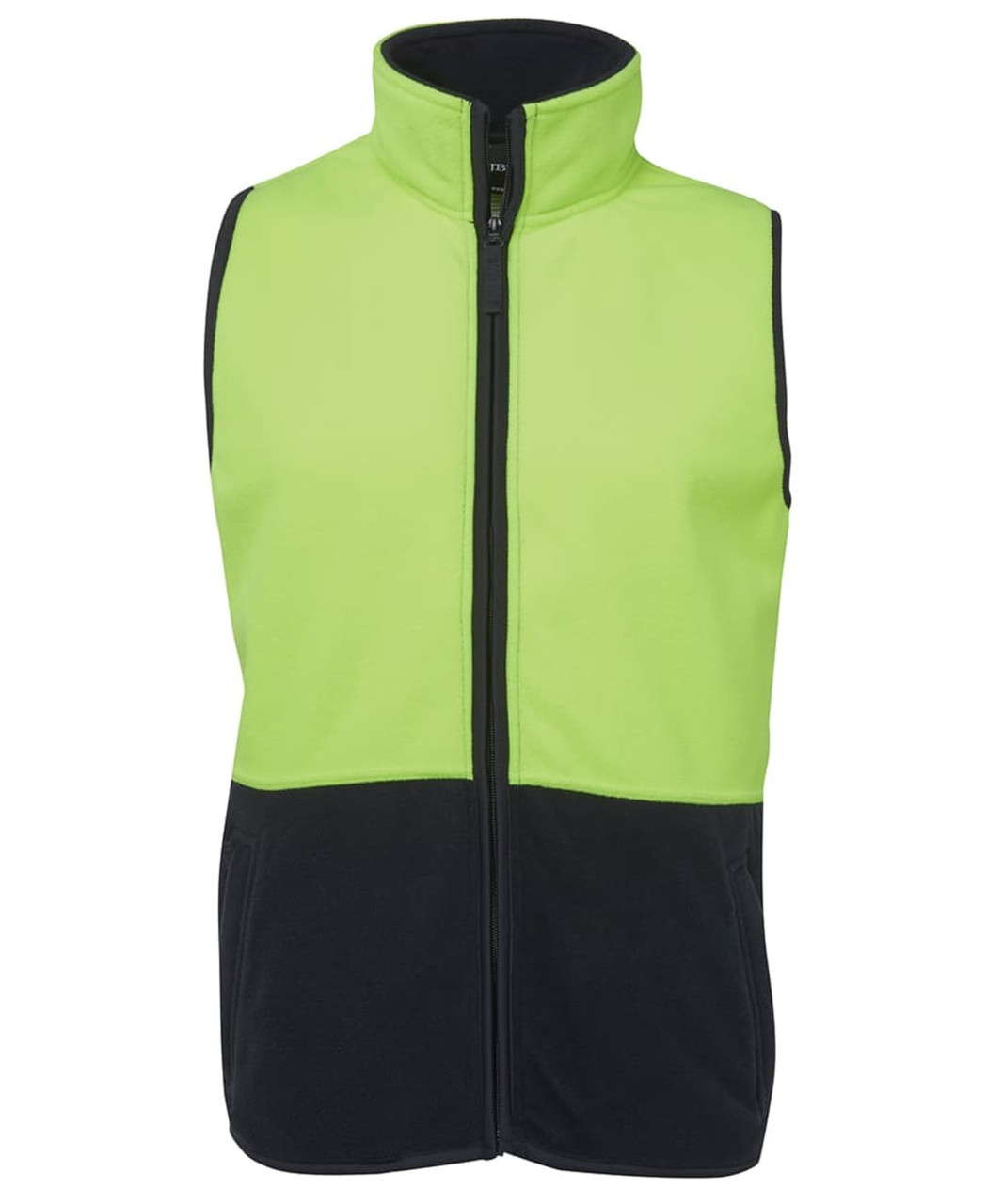 A bright lime green and black fleece vest featuring a high collar and zip panel. Includes logo branding.
