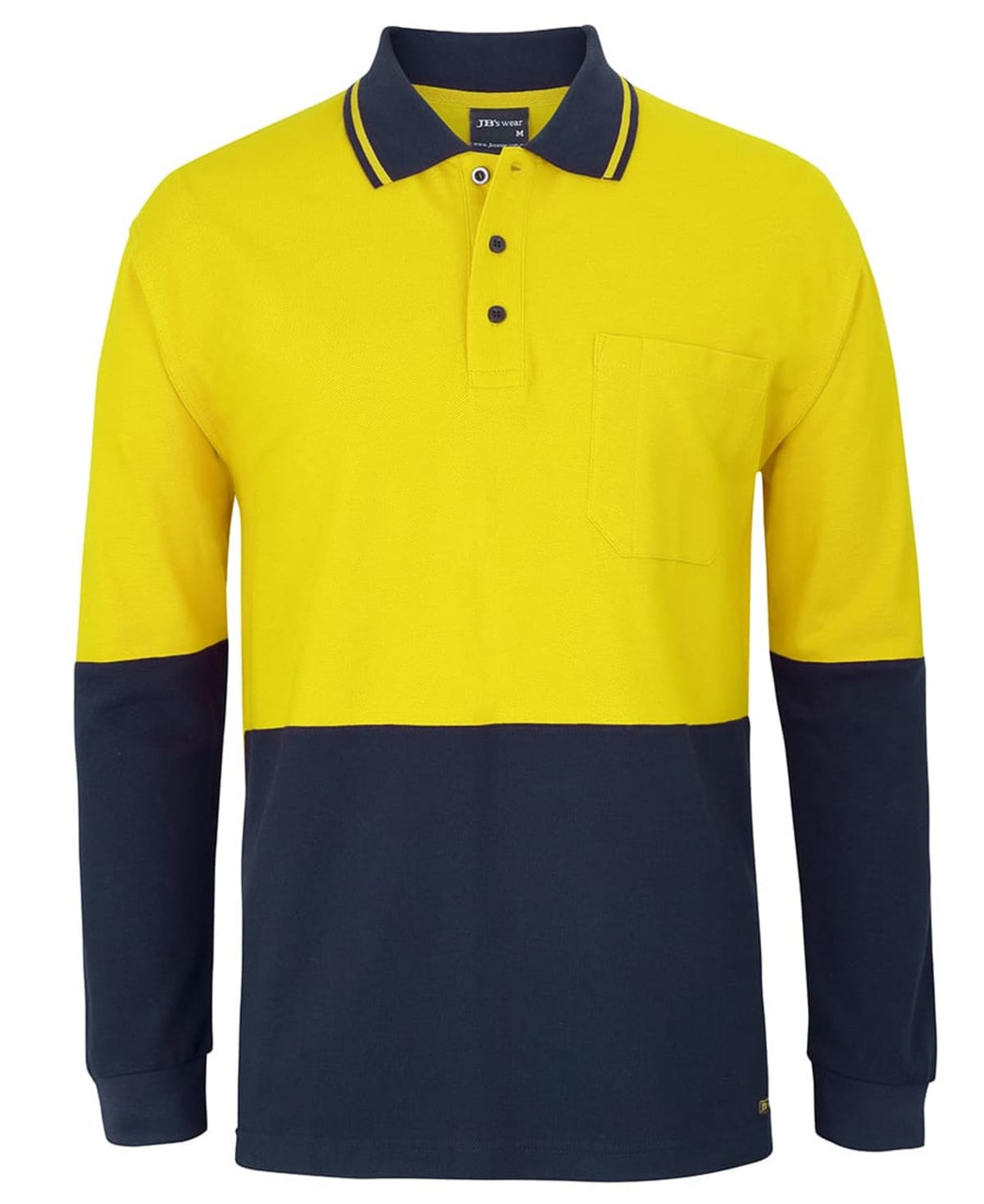 A long-sleeve polo shirt in bright yellow and navy blue with a chest pocket and a logo.