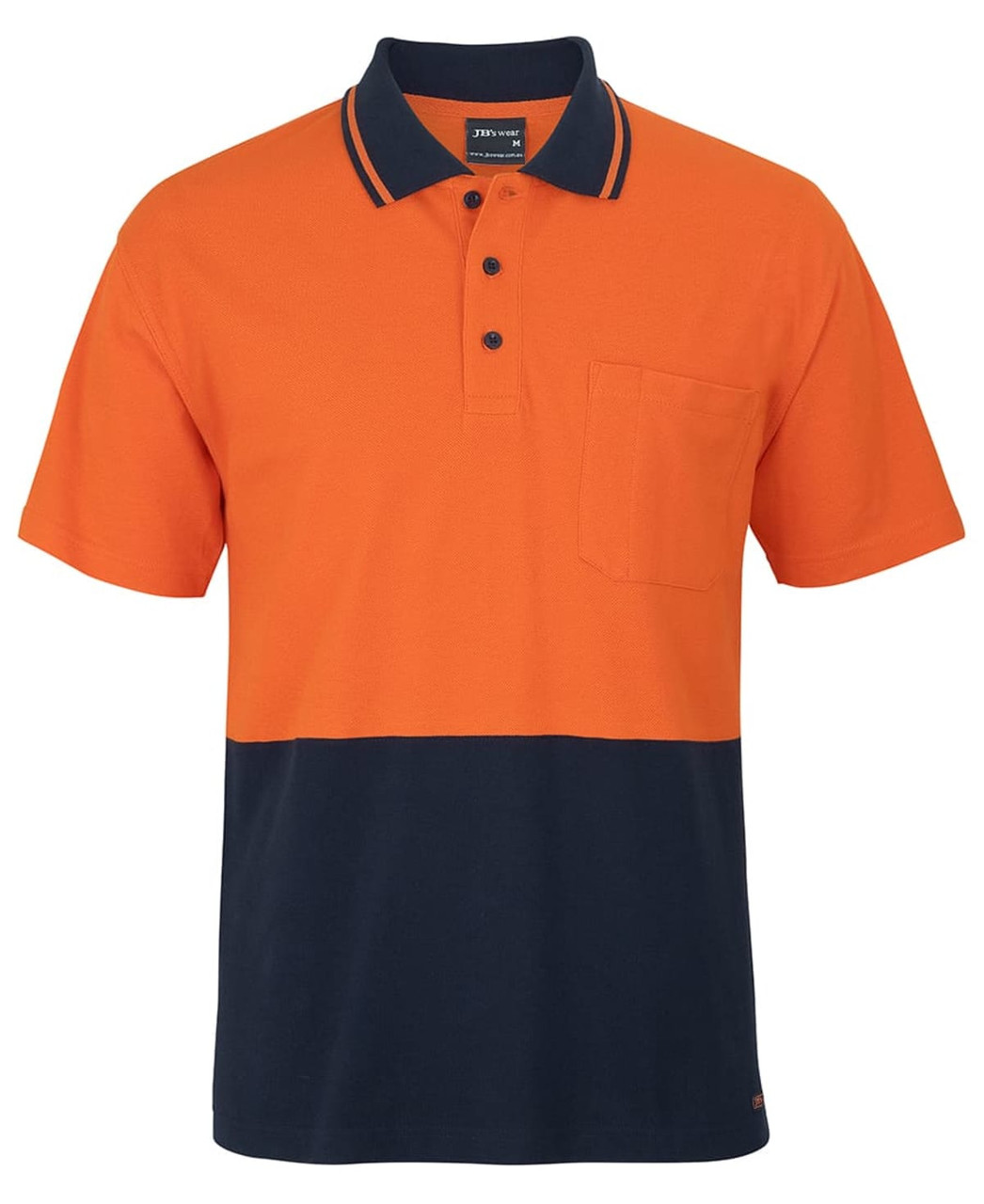 An orange and navy striped polo shirt with a collar and a chest pocket, featuring a logo.